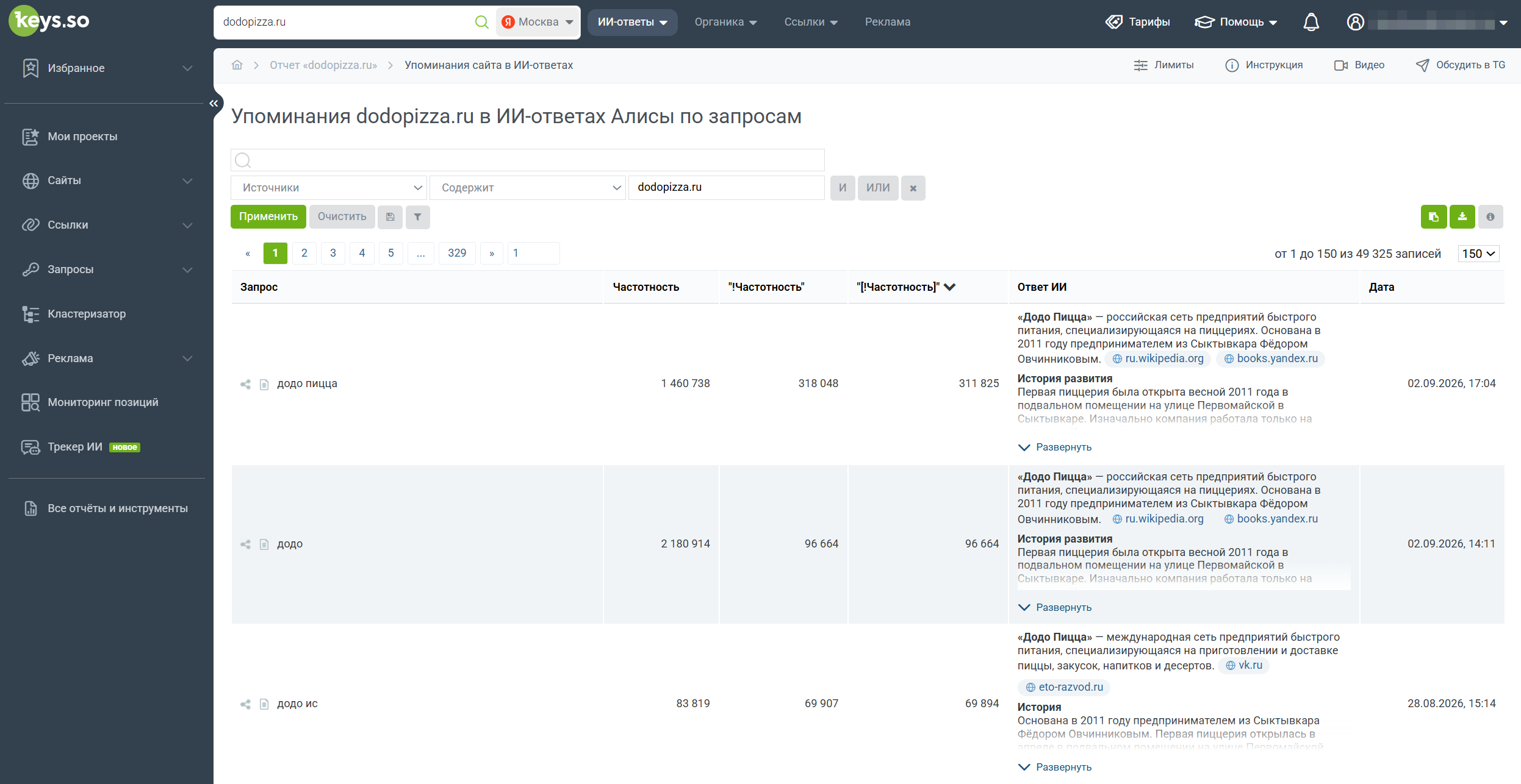 Фильтрация по источникам в отчёте по «Упоминаниям в ИИ-ответах Алисы»